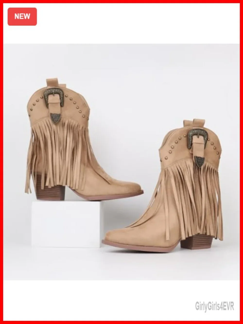 Western Ankle Booties with Fringe and Studded Accents Block Heel Suede